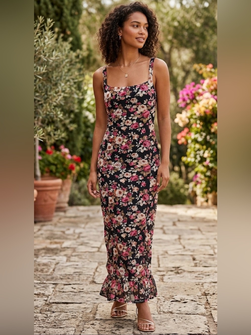 free press Black Floral Maxi Dress with Pink and Cream Roses
